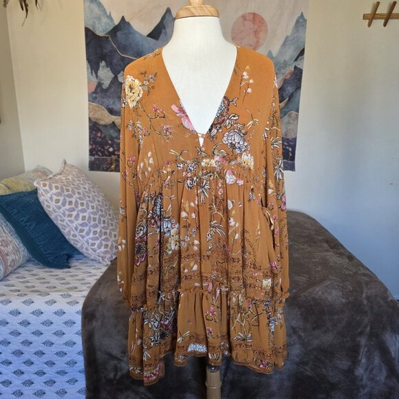 Free People Cherry Blossom Mini Dress Topaz Mustard Floral Oversized Flowy Small - Picture 2 of 16
